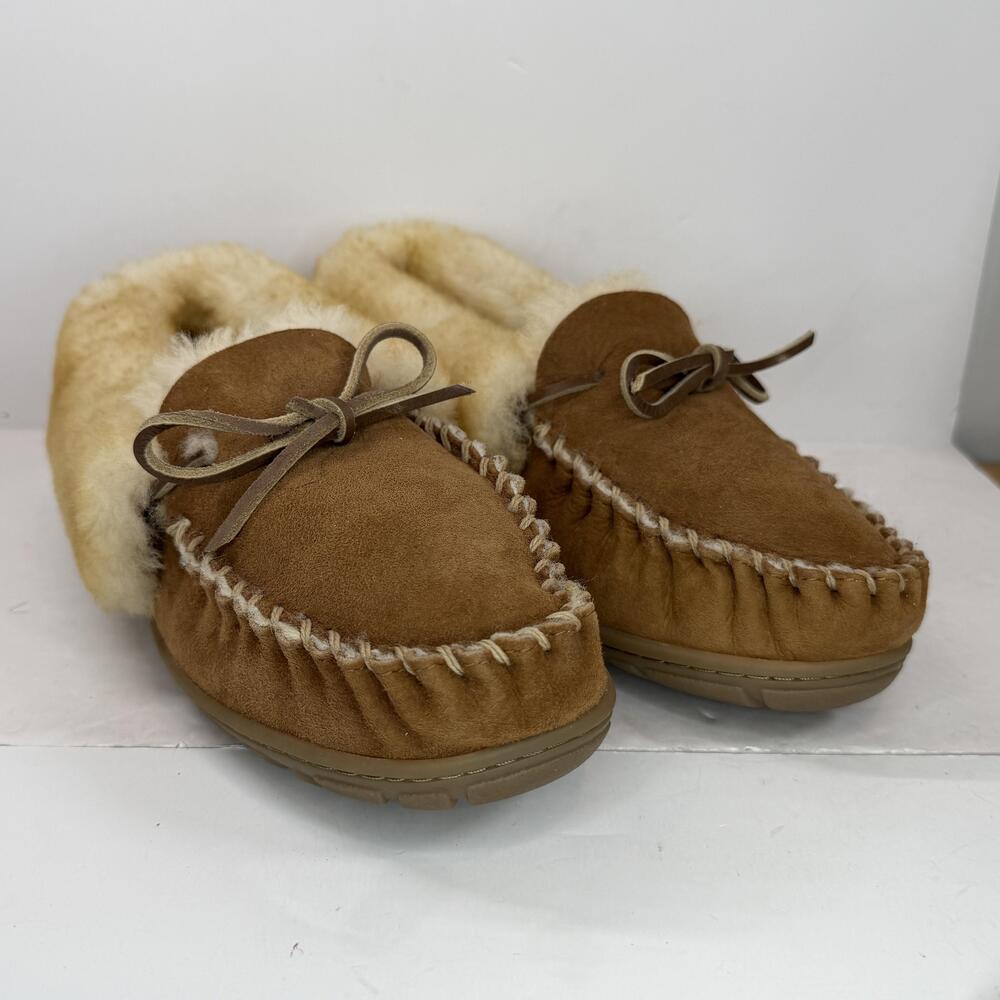 L.L. Bean Slippers Womens Size 10 Brown Suede Shearling Lined Moccasin Fleece